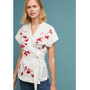 Anthropologie White Blouse with Red Floral Embroidery